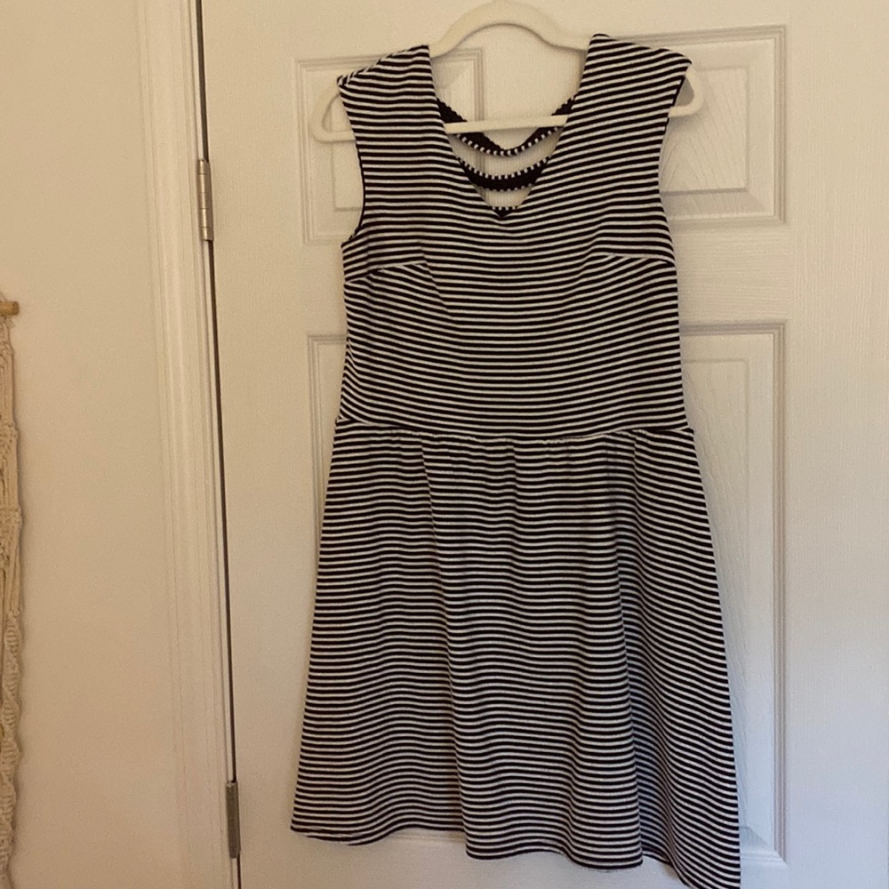 Xhiliration Fit and Flate Striped Dress with Fun Back Detail
